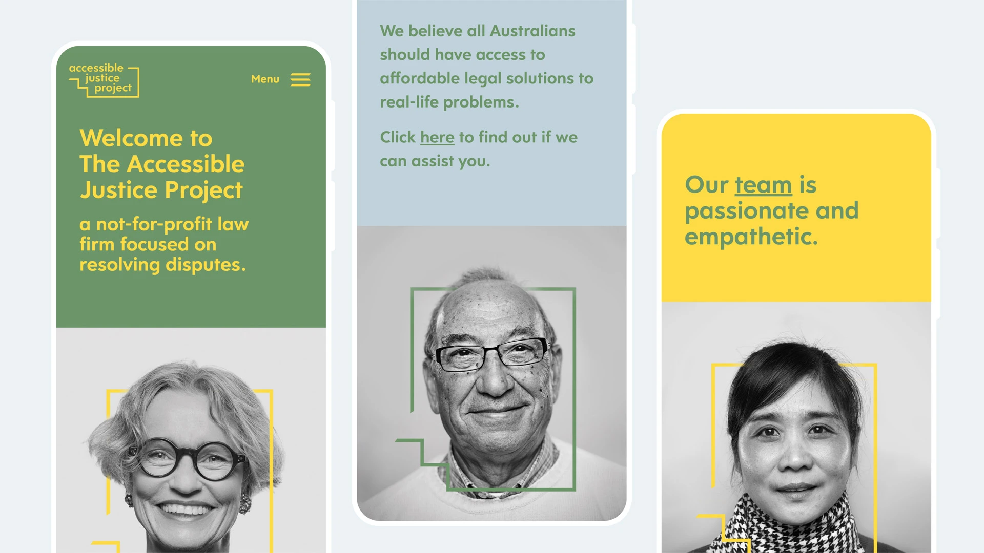 Accessible Justice Project mobile website screens