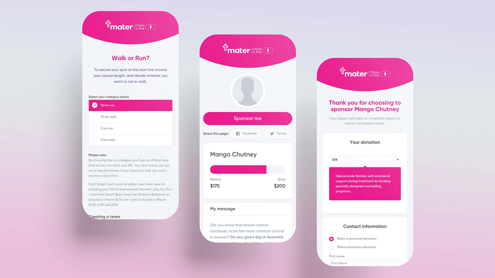 Women's Day Fun Run mobile sign up step experience